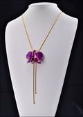 Gold Trimmed Dendrobium Orchid Pendant in Purple with Adjustable Gold Chain