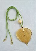 Gold Aspen Leaf Necklace with Bead on Natural Green Cord