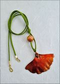 Iridescent Ginkgo Leaf Necklace with Bead on Leather Cord