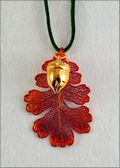 Double Small Iridescent Oak Leaf Necklace with Gold Acorn on Leather Cord