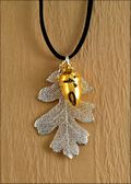 Double Small Silver Oak Leaf Necklace with Gold Acorn on Leather Cord