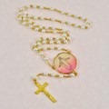 Rosary w/Gold Trimmed Cream Pink Rose Petal - Bead size 6mm
