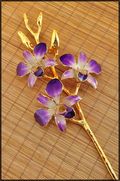 Gold Trimmed Dendrobium Orchid 3 Blossom Stem - Purple/White