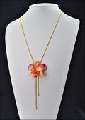 Gold Trimmed Dendrobium Orchid Pendant in Orange/Purple with Adjustable Gold Cha