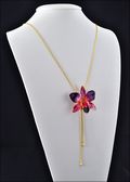 Gold Trimmed Dendrobium Orchid Pendant in Purple/Orange with Adjustable Gold Cha