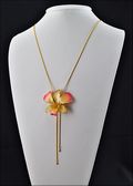 Gold Trimmed Dendrobium Orchid Pendant in White with Pink Edges with Adjustable