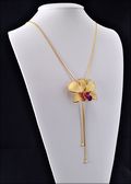 Gold Trimmed Dendrobium Orchid Pendant in White with Purple Mouth with Adjustabl