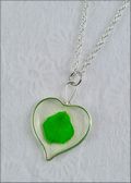 Silver Trimmed Heart Mirage Necklace with Green Rose Petal