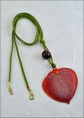 Iridescent Aspen Leaf Necklace with Bead on Natural Green Cord