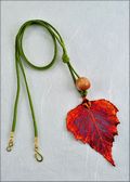 Iridescent Birch Leaf Necklace with Bead on Leather Cord