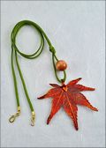 Iridescent Japanese Maple Leaf Necklace with Bead on Leather Cord