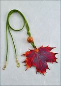 Iridescent Sugar Maple Leaf Necklace with Bead on Leather Cord