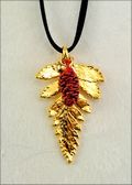 Double Small Gold Fern Necklace with Iridescent Pine Cone on Leather Cord