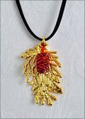 Double Small Gold Cypress with Iridescent Pine Cone Necklace on Leather Cord