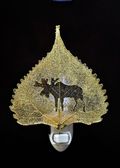 Moose Silhouette on Real 24K Gold Cottonwood Leaf Nightlight