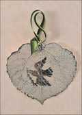 Dove with Olive Branch Silhouette on Real Cottonwood Leaf in Silver Orn.