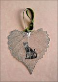 Cat Silhouette on Real Cottonwood Leaf in Silver Ornament