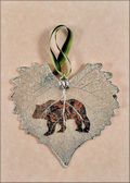 Bear Silhouette on Real Cottonwood Leaf in Silver Ornament