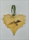 Wild Bird Silhouette on Real Cottonwood Leaf in 24K Gold Orn.