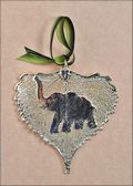 Elephant Silhouette on Real Cottonwood Leaf in Silver Ornament