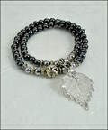 Double Wrap Beaded Bracelet with Silver Birch Leaf