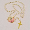 Rosary w/Gold Trimmed Cream Pink Rose Petal. 6mm beads